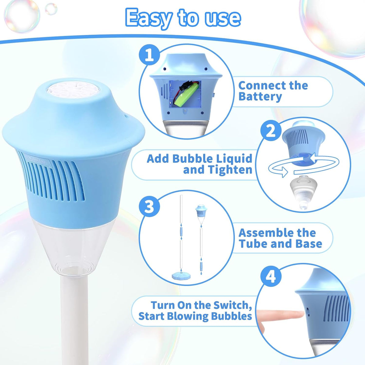 Magic Bubble Tower™ Machine for Kids, Automatic Standing Bubble Maker Machine Height Adjustable Up to 47 Inches Outdoor Battery Bubble Machine with Light/Music for Toddlers Birthday Party Gifts（Blue）