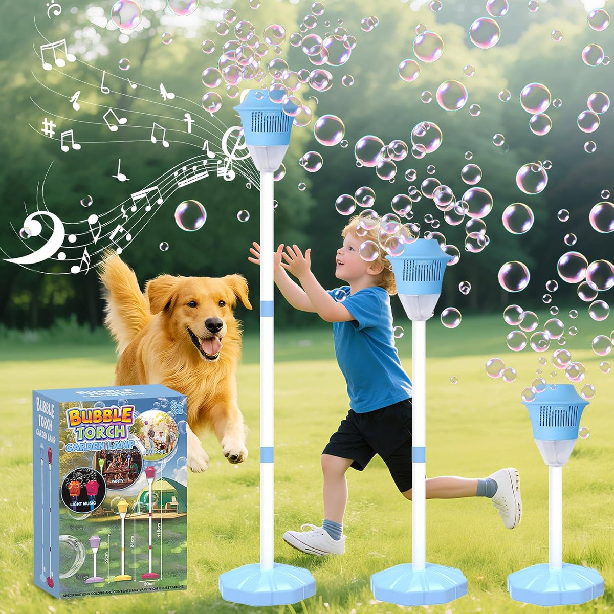 Magic Bubble Tower™ Machine for Kids, Automatic Standing Bubble Maker Machine Height Adjustable Up to 47 Inches Outdoor Battery Bubble Machine with Light/Music for Toddlers Birthday Party Gifts（Blue）