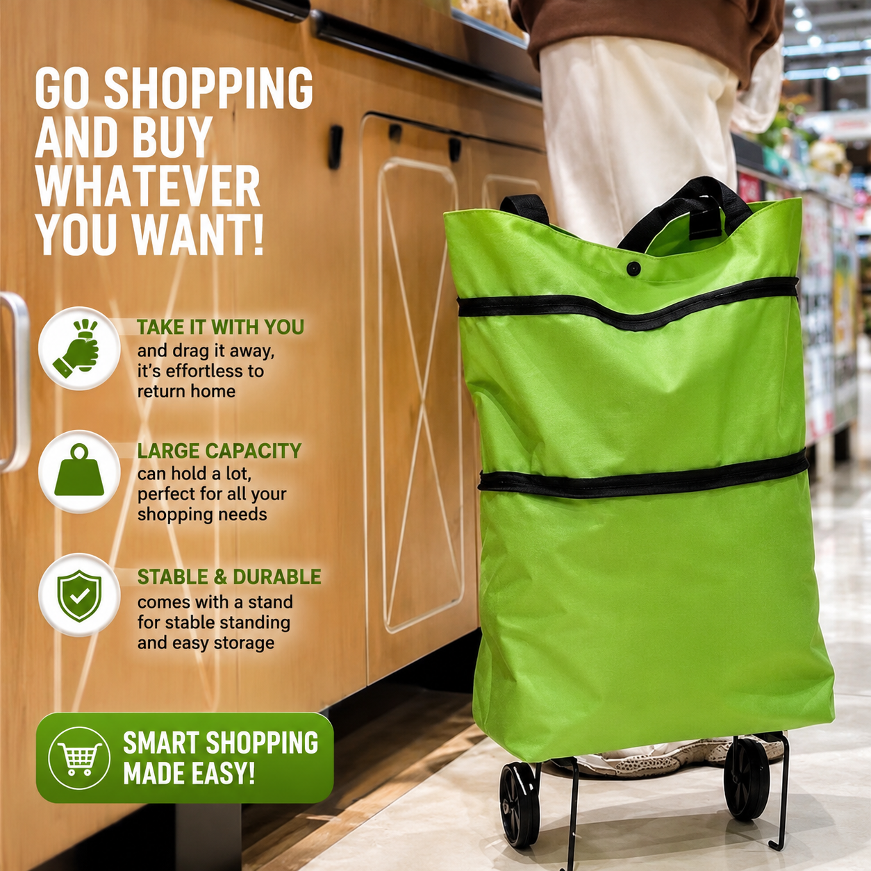 Foldable Rolling Shopping Bag – Expandable Grocery Tote with Wheels