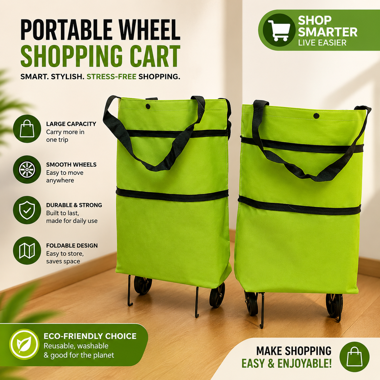 Foldable Rolling Shopping Bag – Expandable Grocery Tote with Wheels